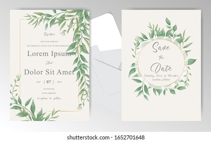 Greenery Wedding Invitation Card Template Set With Watercolor