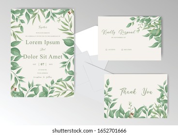 Greenery Wedding Invitation Card Template Set with Watercolor