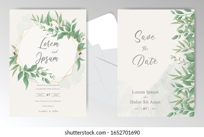 Greenery Wedding Invitation Card Template Set with Watercolor