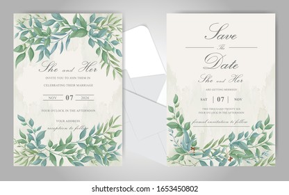 Greenery Wedding Invitation Card Template Set with Watercolor