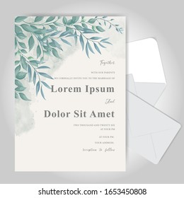 Greenery Wedding Invitation Card Template Set with Watercolor