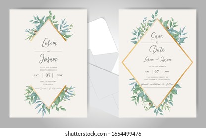 Greenery Wedding Invitation Card Template Set with Elegant Foliage