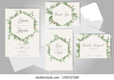 Greenery Wedding invitation cards bundle template