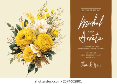 Greenery wedding invitation design with Yellow and white hydrangea flowers on white background. Floral wedding landing page template