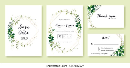Greenery wedding Invitation, save the date, thank you, rsvp card Design template. Lemon leaf, silver dollar, olive leaves, Ivy plants. Vector.