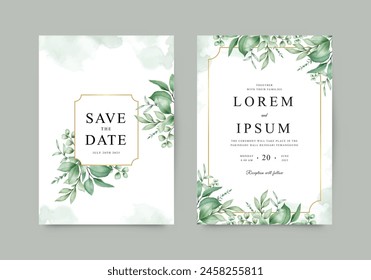 Greenery wedding invitation template with golden frame and watercolor foliage