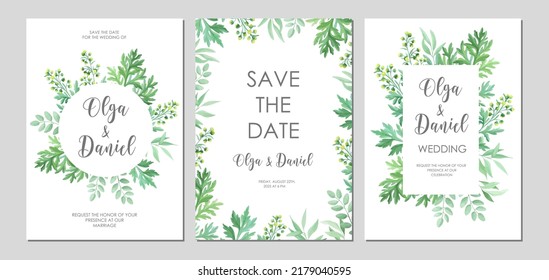 Greenery Wedding Invitation Template. Invite Card With Place For Text. Floral Frame With Sagebrush And Wild Herbs. Vector Illustration.