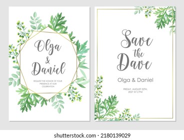 Greenery Wedding Invitation Template. Invite Card With Place For Text. Floral Frame With Sagebrush And Wild Herbs. Vector Illustration.