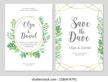 Greenery Wedding Invitation Template. Invite Card With Place For Text. Floral Frame With Sagebrush And Wild Herbs. Vector Illustration.