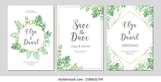 Greenery Wedding Invitation Template. Invite Card With Place For Text. Floral Frame With Sagebrush And Wild Herbs. Vector Illustration.