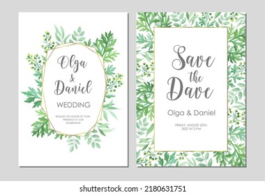 Greenery Wedding Invitation Template. Invite Card With Place For Text. Floral Frame With Sagebrush And Wild Herbs. Vector Illustration.