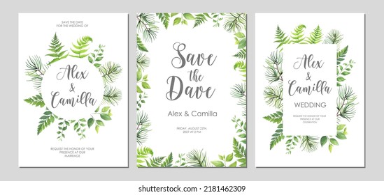 Greenery wedding invitation template. Invite card with place for text. Floral frame with pine, fern and wild herbs. Vector illustration.