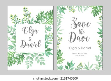 Greenery Wedding Invitation Template. Invite Card With Place For Text. Floral Frame With Sagebrush And Wild Herbs. Vector Illustration.