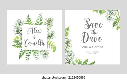 Greenery wedding invitation template. Invite card with place for text. Floral frame with pine, fern and wild herbs. Vector illustration.