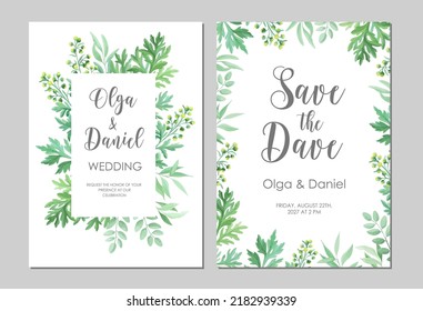 Greenery wedding invitation template. Invite card with place for text. Floral frame with sagebrush and wild herbs. Vector illustration.