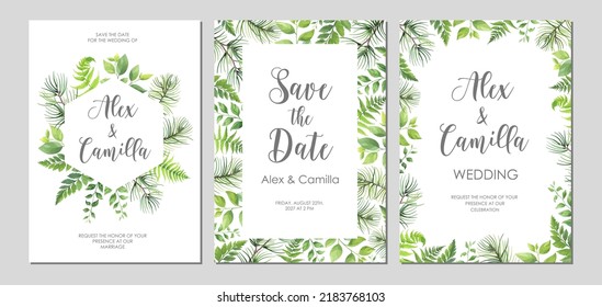 Greenery wedding invitation template. Invite card with place for text. Floral frame with pine, fern and wild herbs. Vector illustration.