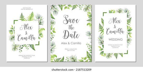 Greenery wedding invitation template. Invite card with place for text. Floral frame with pine, fern and wild herbs. Vector illustration.