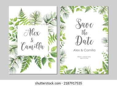 Greenery wedding invitation template. Invite card with place for text. Floral frame with pine, fern and wild herbs. Vector illustration.