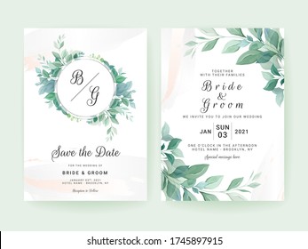 Greenery wedding invitation template set with leaves frame and border with watercolor background. Floral decoration vector for save the date, greeting, thank you, rsvp, etc