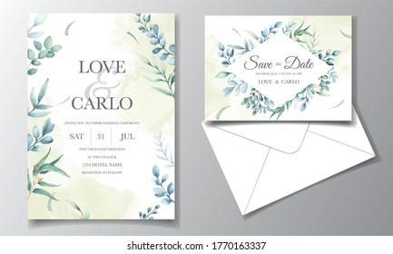 Greenery wedding invitation template set with leaves watercolor