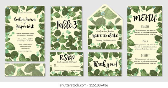 Greenery wedding menu, information, label, table number, envelope and place card design with wax flowers, eucalyptus branches, roses leaves. Vector template set