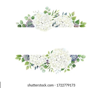 Greenery, White Hydrangea and succulent frame border on white background. Beautiful template for invite or greeting card, banner. All elements are isolated and editable.