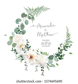Greenery and white peony, rose flowers vector design round invitation frame. Rustic wedding greenery. Mint, blue, green tones. Watercolor save the date card. Summer rustic style. Isolated and editable