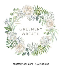 Greenery wreath, text, white flowers, forest green leaves background. Wedding invitation round frame. Rose, fern. Vector illustration. Floral arrangement. Design template greeting card