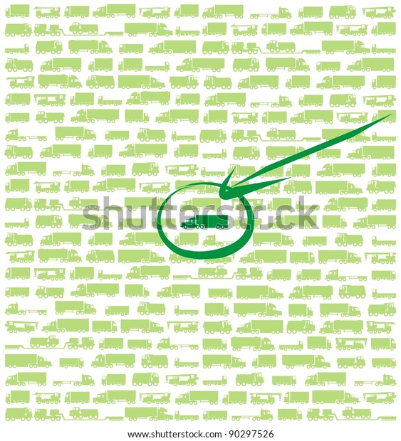The greenest of the green - dark green\
truck among many cargo carrying vehicles, dump trucks and cranes /\
color vector cartoon illustration\
set