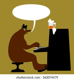 Green-eyed brown bear in a hat sitting on a chair and playing the piano, until it burst keys. Piano stands a pint of beer and foam flows from it.