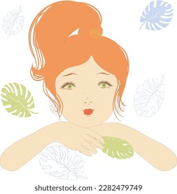 Green-eyed and freckled girl with red hair. Portrait in pastel colors, leaves for decoration
