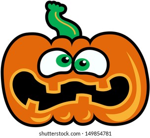 Green-eyed orange pumpkin showing a expression of fear and distress