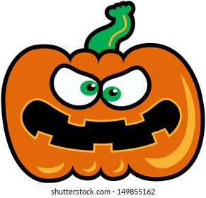 Green-eyed orange pumpkin staring at you and showing a very angry expression