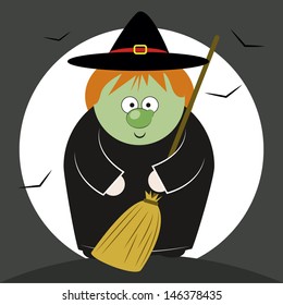 green-faced witch with her ??broom, bats flying in the full moon.