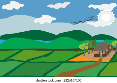 Greenfield, blue-sky Background and river with Trees, Beautiful green landscape illustration with sunshine and a river, Scenic landscape with green trees, lawns with sunshine, bushes, and clouds.