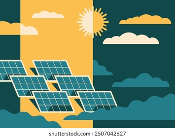 Greenfield photovoltaic plants - power station, solar park or farm, with large-scale photovoltaic system, designed to supply electricity. Abstract geometric illustration