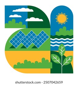 Plantas fotovoltaicas de Greenfield: central eléctrica, parque solar o granja, con sistema fotovoltaico a Grande escala, diseñado para suministrar electricidad. Ilustración geométrica aislada