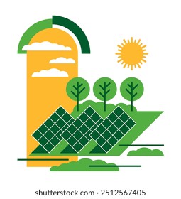 Plantas fotovoltaicas de Greenfield: central eléctrica, parque solar o granja, con sistema fotovoltaico a Grande escala, diseñado para suministrar electricidad. ilustración en estilo geométrico