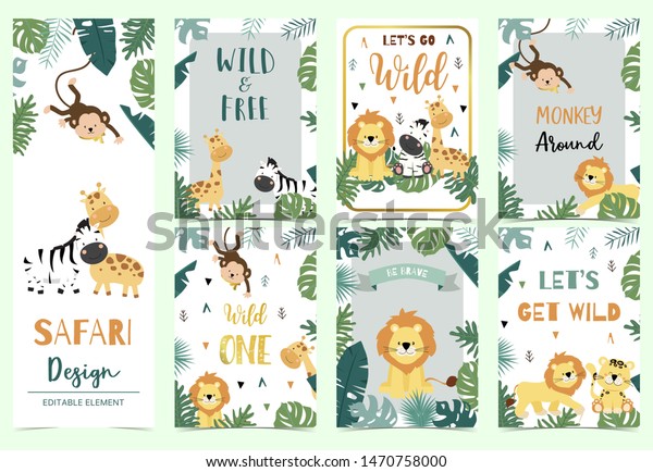 Green,gold collection of safari\
background set with lion,monkey,giraffe,zebra,geometric vector\
illustration for birthday invitation,postcard and sticker.Wording\
include wild one,wild and\
free