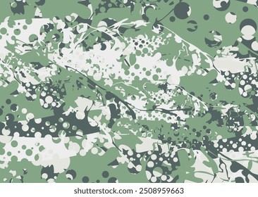 Green-gray floral backdrop for textiles or fabrics. Camouflage textural background with dots and floral motifs for fashion, covers, scrapbooking, tiles, dynamic posters, prints, business concepts