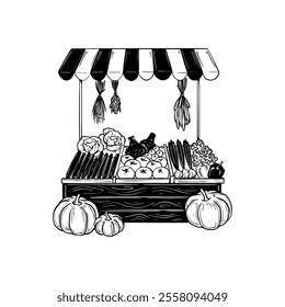 Greengrocer local market fruit and vegetable counter. Sketch doodle hand drawn vector illustration. Farmer stall. Farm bazaar shop. Natural food seller. Broccoli, onion, cucumber, pumpkin drawing