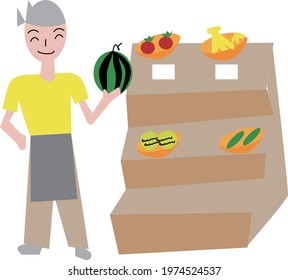 A greengrocer man selling fruits and vegetables