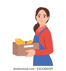 Greengrocer selling fruits. Young woman holding box of banana. Flat vector illustration isolated on white background