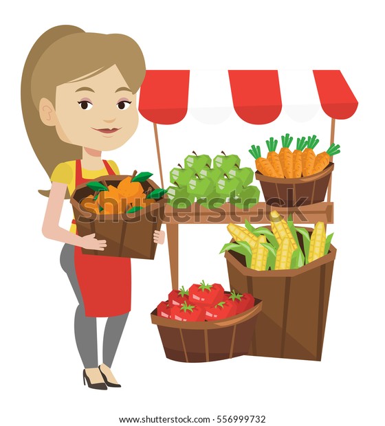 Greengrocer Standing Near Stall Fruits Vegetables Stock Vector (Royalty ...