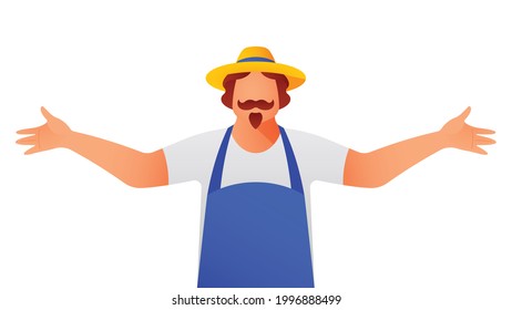 Сute greengrocer with welcoming gesture. Adult man in straw hat, apron with open arms in welcoming gesture. Friendly character isolated on white background. Modern vector illustration.