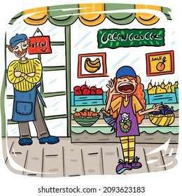 Greengrocer's apprentice. Greengrocer's apprentice selling her products.