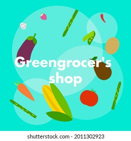 Greengrocer's shop vector illustration. Healthy food, grocery, vegetable, vegan, fresh. Carrot, potato, tomato, chili paper.