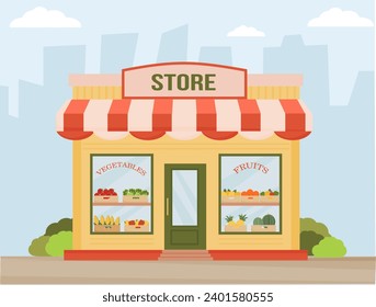 Greengrocery building facade on the street. Fruit and vegetable store front view. Showcases with applees, oranges, watermelons, pinaples, pepers,tomatoes. Flat vector illustration.