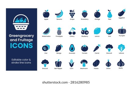 Greengrocery and fruitage vector icon set in blue color, featuring healthy organic vegetables and fresh fruits for graphic design projects
