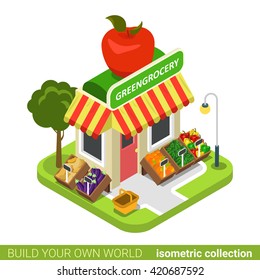 Greengrocery Grocery Vegan Vegetable Fruit Building Realty Real Estate Concept. Flat 3d Isometry Isometric Style Web Site App Concept Vector Illustration. Build Your Own World Architecture Collection.